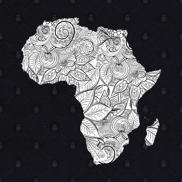 Mandala art map of Africa with text in white by Happy Citizen